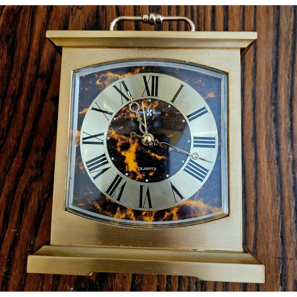 Howard Miller Gold Tortoise Shell Quartz Alarm Clock Japan 4RE503 Carriage Style